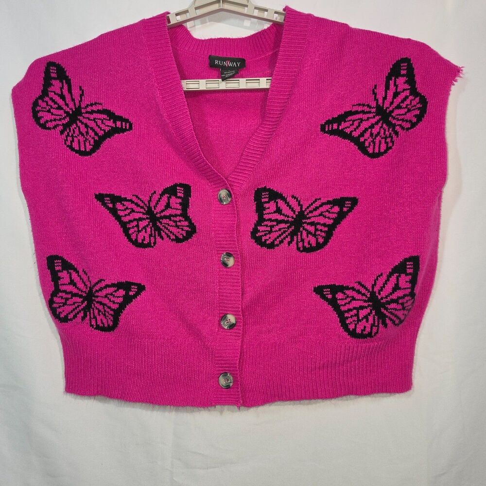 Runway Butterfly Cropped Button Front Sweater Vest in Hot Pink Women's L
